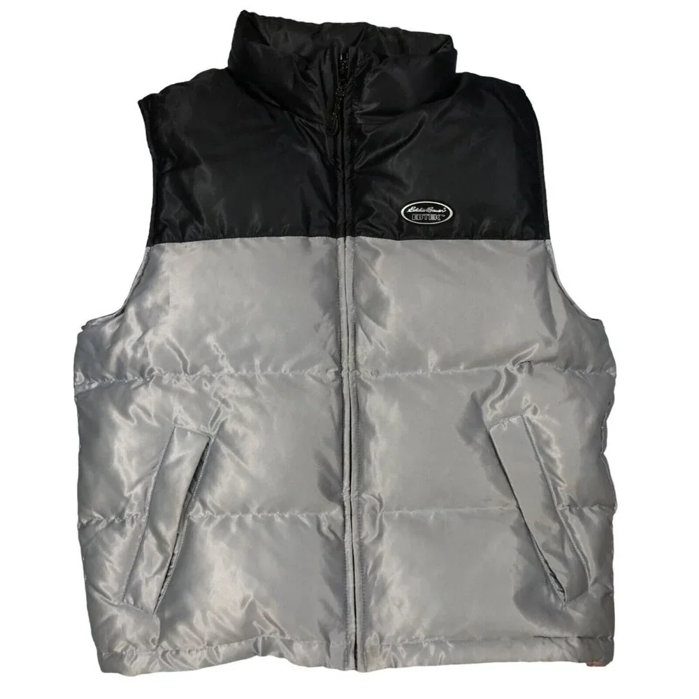 Mens EDDIE BAUER Down Puffer Vest Medium Gray‎ And Black
